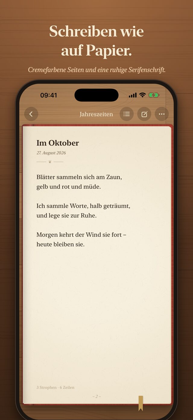 Eine aufgeschlagene Gedichtseite auf cremefarbenem Papier